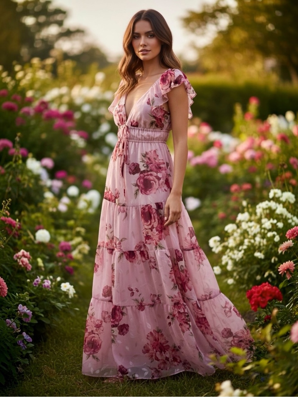 Romantic Pink Blush Floral Flutter Sleeve Cottagecore V-Neck Flowy Maxi Dress S